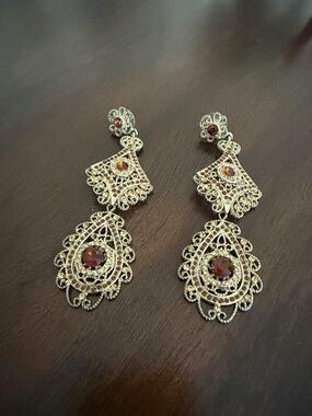 Gold-Tone Filigree Drop Earrings with Garnet-Colored Stones